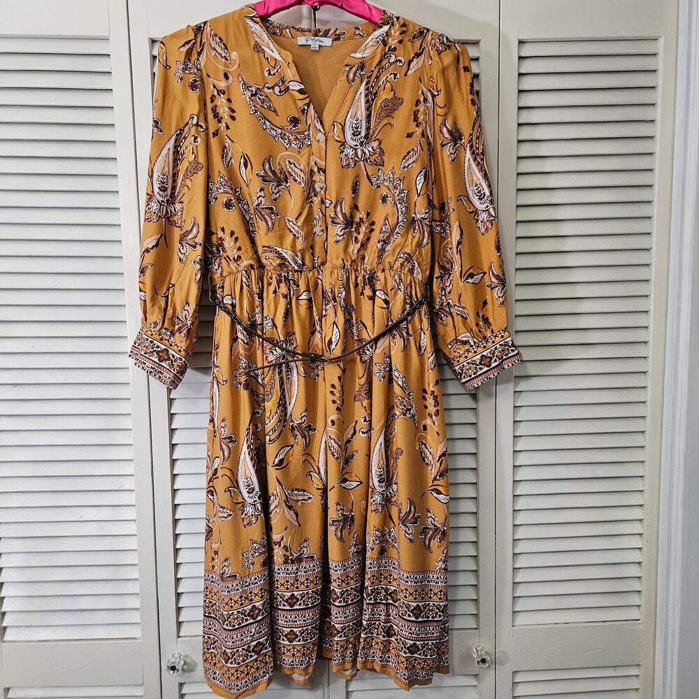 Polagram Mustard Boho Paisley Floral Midi Dress Belted L Western Prairie Cottage